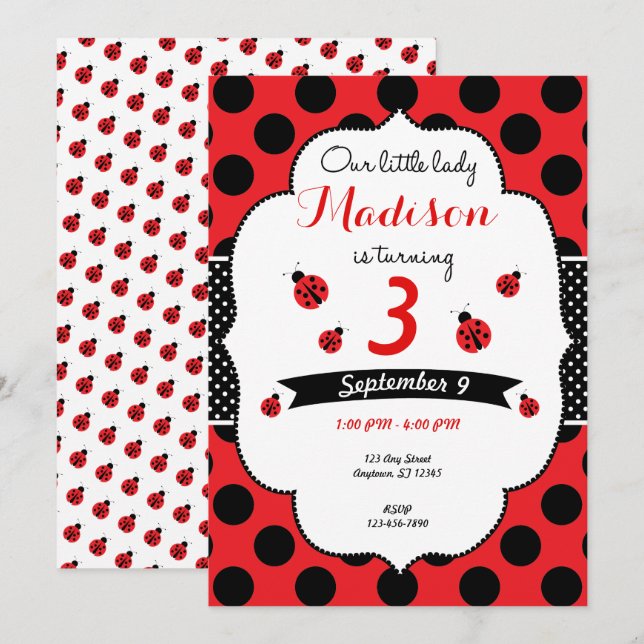 Invitation Anniversaire De La Petite Dame Ladybug, N'Importe  (Devant / Derrière)