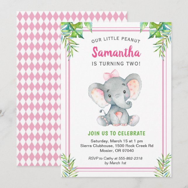 Invitation Anniversaire de la Petite Fille des Éléphants rose (Devant / Derrière)