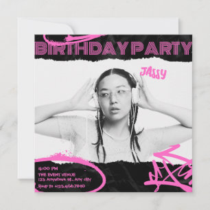 Invitation Anniversaire de la photo d'art noir et rose Grunge
