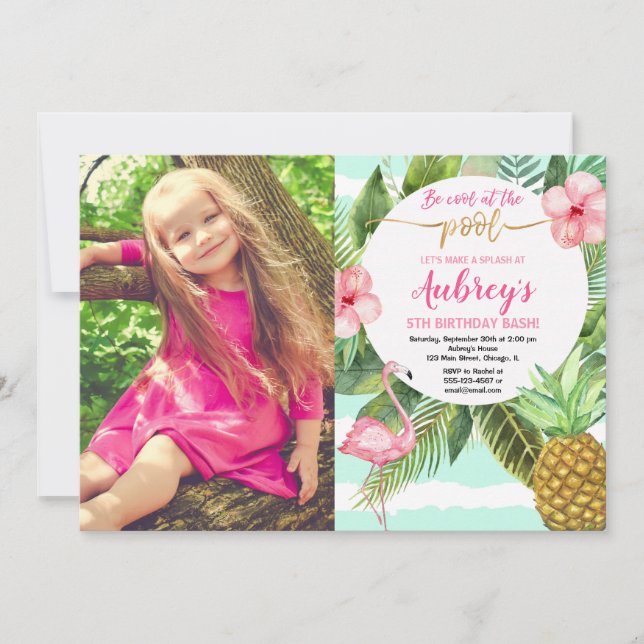 Invitation Anniversaire de la piscine, rose tropical turquois (Devant)