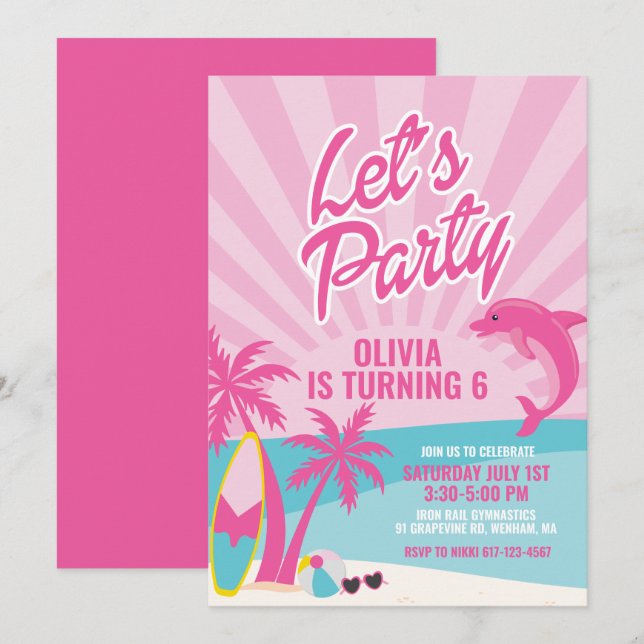 Invitation Anniversaire de la plage de Pink Malibu (Devant / Derrière)
