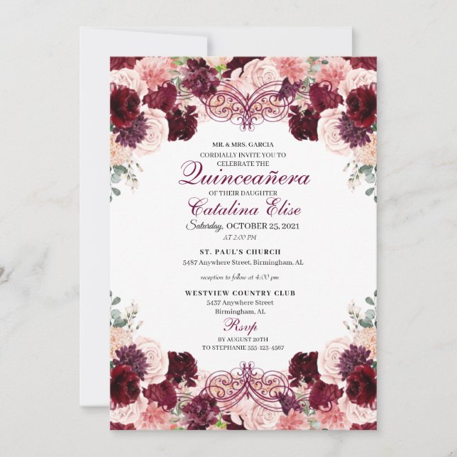 Invitation Anniversaire de la Quinceanera de la Bourgogne ros (Devant)