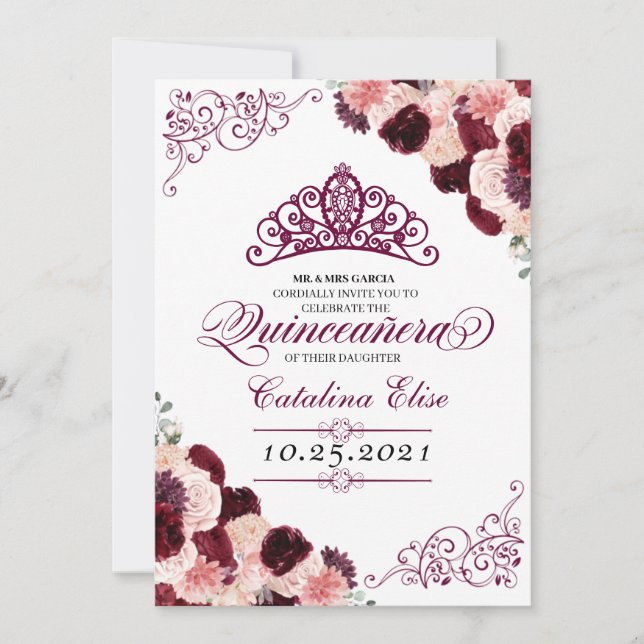 Invitation Anniversaire de la Quinceanera de la Bourgogne ros (Devant)