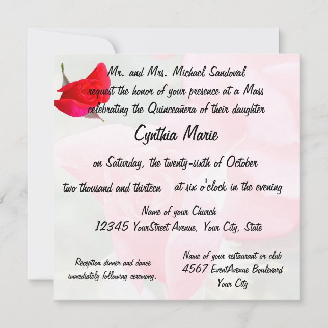 Invitation Anniversaire de la Quinceanera de la Rose rouge (Devant)