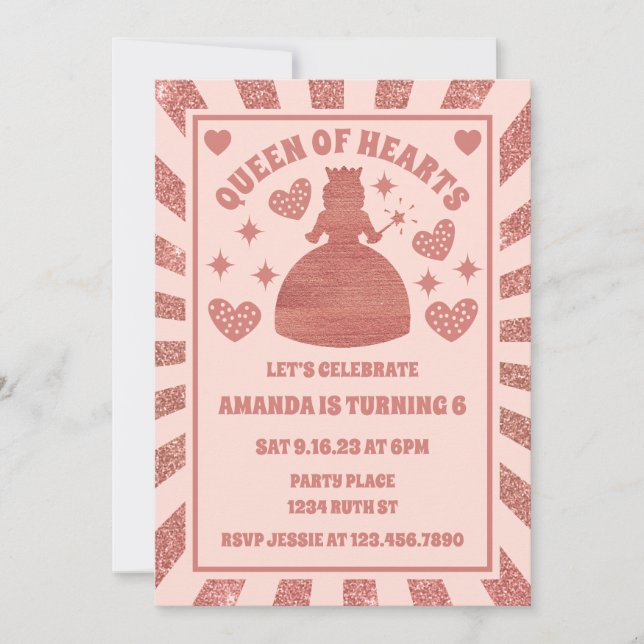 Invitation Anniversaire De La Reine Des Coeurs D'Or rose (Devant)