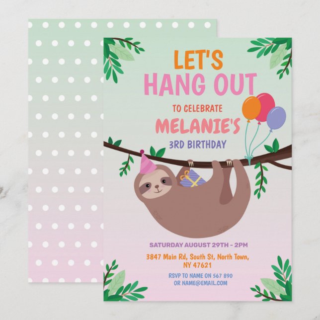 Invitation Anniversaire de la Sloth Party Passons au rose (Devant / Derrière)