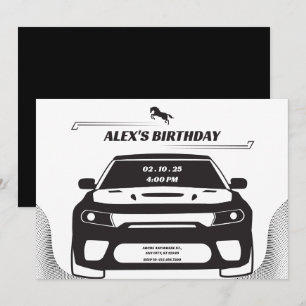 Invitation Anniversaire de la voiture Mustang noir et blanc