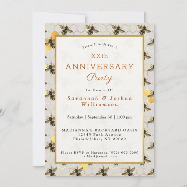 Invitation Anniversaire de l'abeille Gold Honeycomb (Devant)