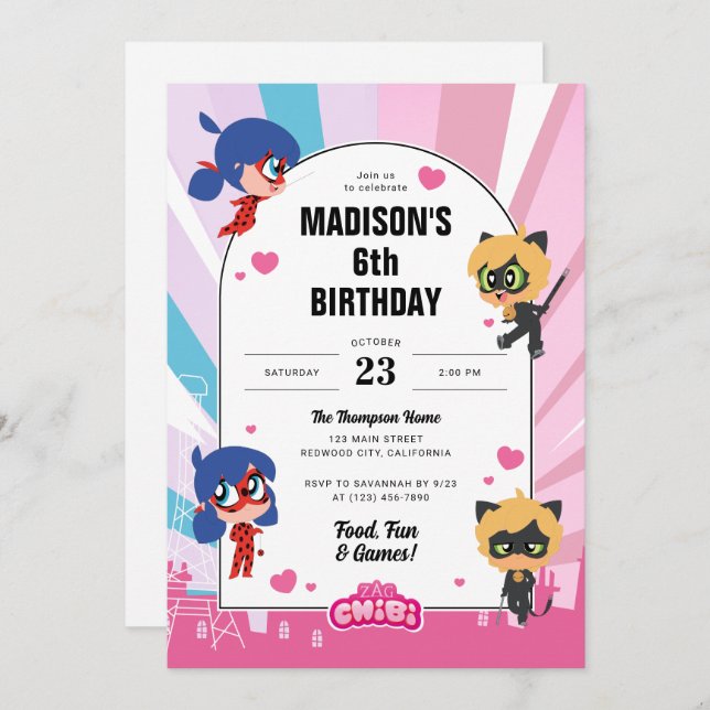 Invitation Anniversaire de Ladybug et de Cat Noir Chibi (Devant / Derrière)