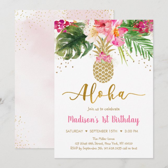Invitation Anniversaire de l'Aloha Floral Pineappa Rose (Devant / Derrière)