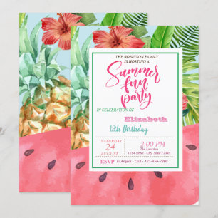 Invitation Anniversaire de l'ananas, pastèque, Palmier Feuill