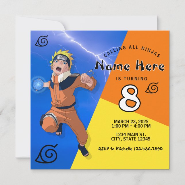Invitation Anniversaire de l'Anime jaune bleu orange Ninja (Devant)