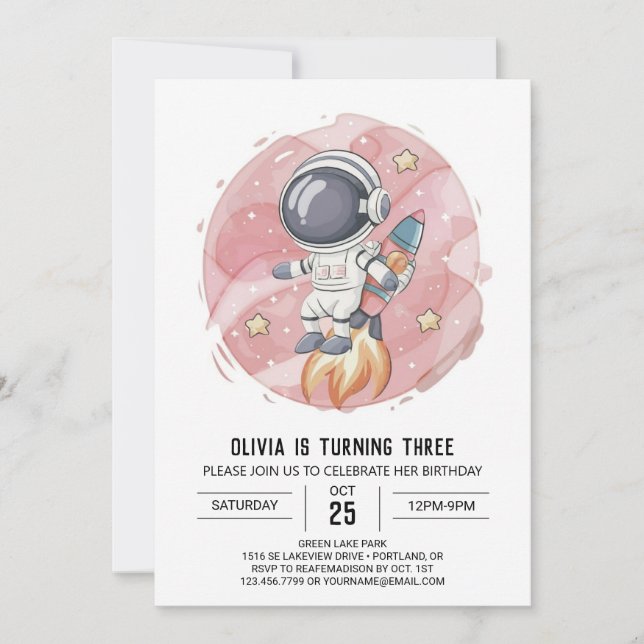 Invitation Anniversaire de l'astronaute de voyage rose modern (Devant)