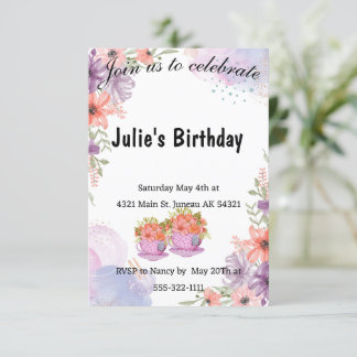 Invitation Anniversaire de lavande de théière florale