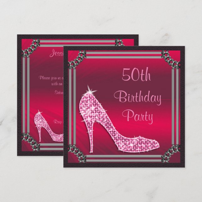 Invitation Anniversaire de l'Elégante Stiletto à cadre rose e (Devant / Derrière)