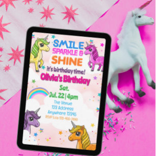 Invitation Anniversaire de licorne Souriant, Étincelant, Bril