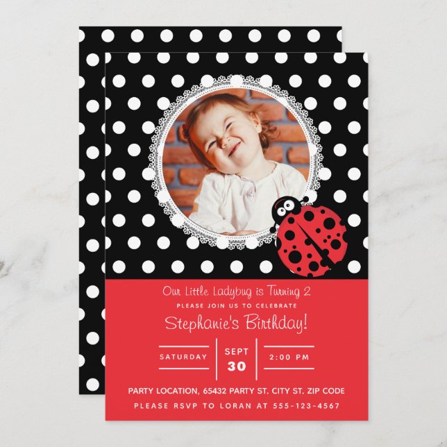Invitation Anniversaire de Little Ladybug (Devant / Derrière)