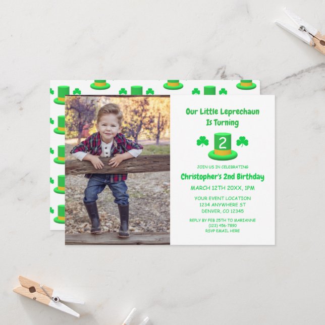 Invitation Anniversaire de Little Leprechaun (Devant/Arrière en situation)