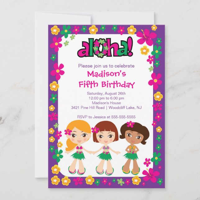 Invitation Anniversaire de Little Luau Pink violet (Devant)