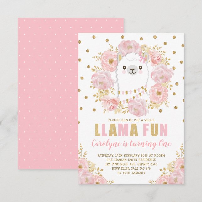Invitation Anniversaire de Llama / Doré rose Floral Alpaca (Devant / Derrière)