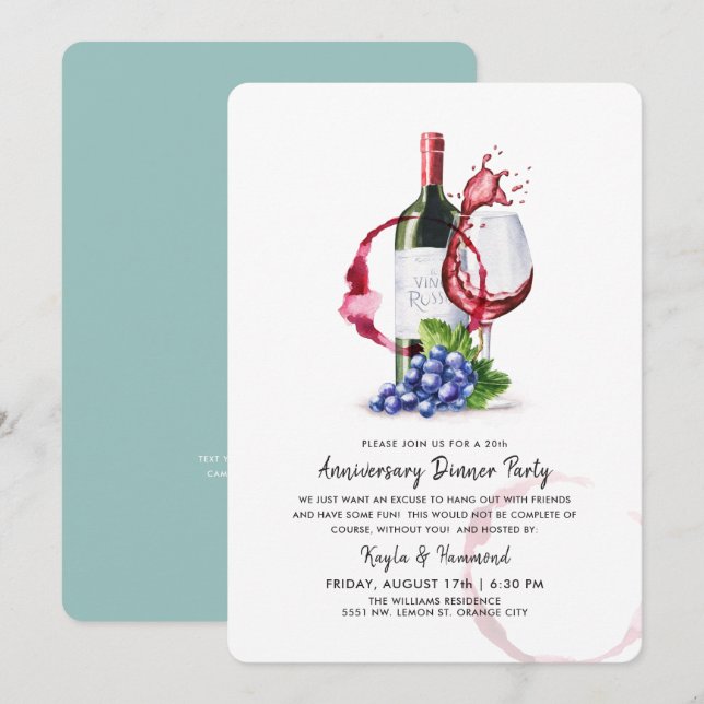 Invitation Anniversaire de l'occasion du vin et du dîner  (Devant / Derrière)