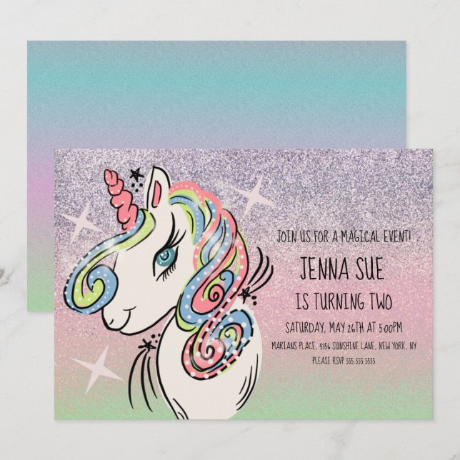 Invitation Anniversaire de l'Ombré Arc-en-ciel de Unicorne (Devant / Derrière)