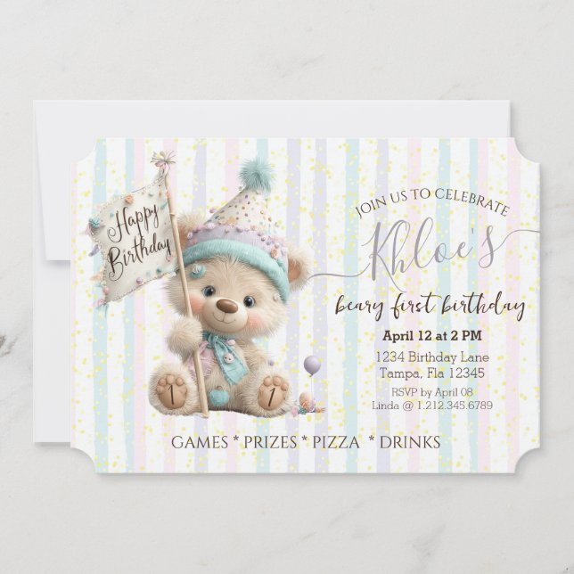 Invitation Anniversaire de l'ours en peluche pastel  (Devant)