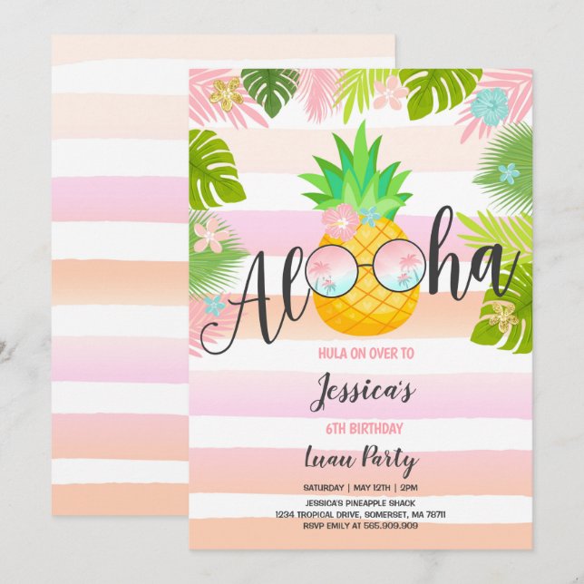 Invitation Anniversaire de Luau Anniversaire de l'ananas Luau (Devant / Derrière)