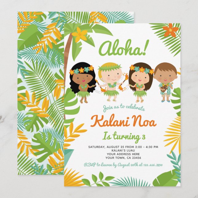 Invitation Anniversaire de Luau Hawaiian (Devant / Derrière)