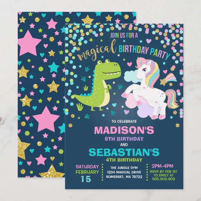 Invitation Anniversaire De L'Unicorne Et Du Dinosaure (Devant / Derrière)