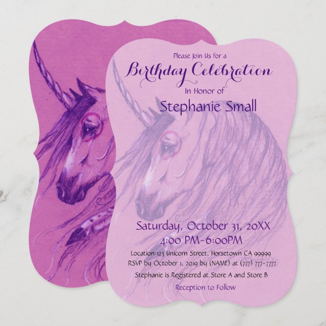 Invitation Anniversaire de l'Unicorne Pink Purple  (Devant / Derrière)
