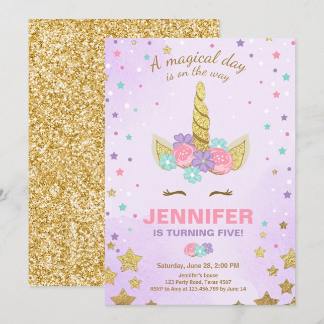 Invitation Anniversaire de l'Unicorne Purple Gold  (Devant / Derrière)