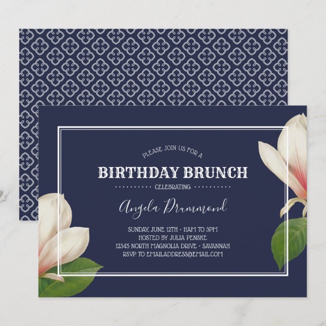 Invitation Anniversaire de Magnolia Sud Brunch Bleu (Devant / Derrière)