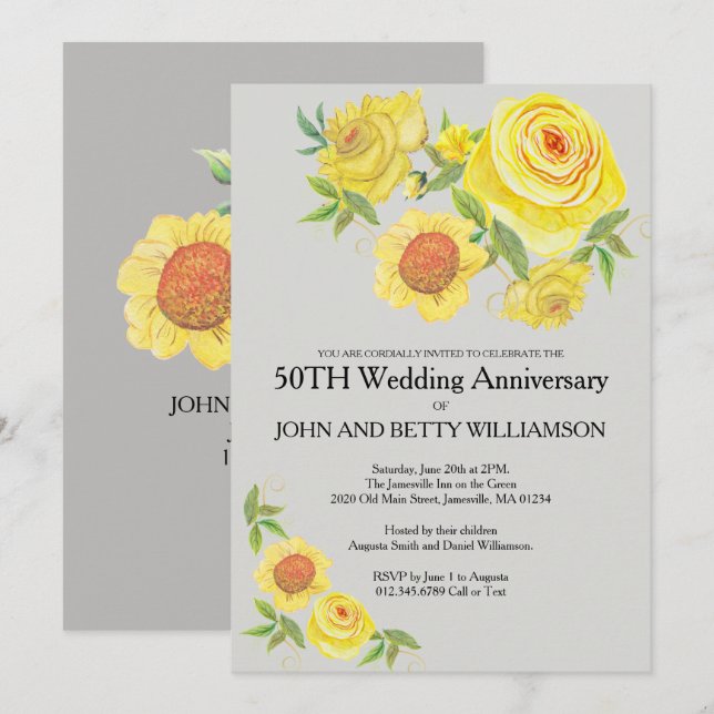 Invitation Anniversaire de Mariage 50 ans Fleur aquarelle jau (Devant / Derrière)