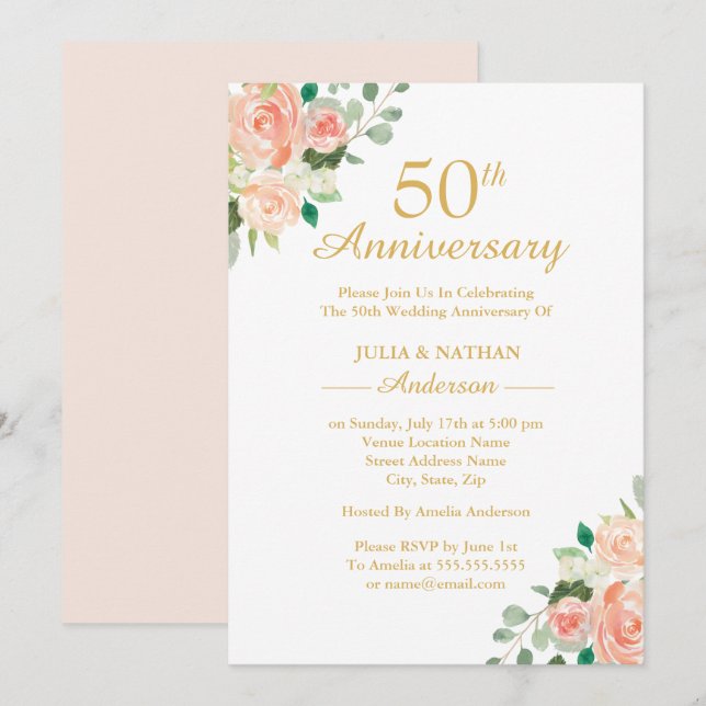 Invitation Anniversaire de mariage 50 ans Fleurs aquarelle Pe (Devant / Derrière)