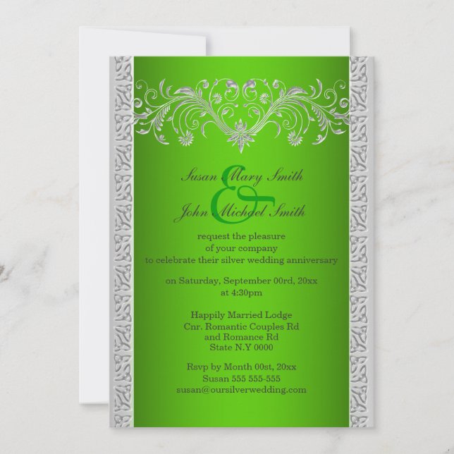 Invitation Anniversaire de mariage argent vert floral (Devant)