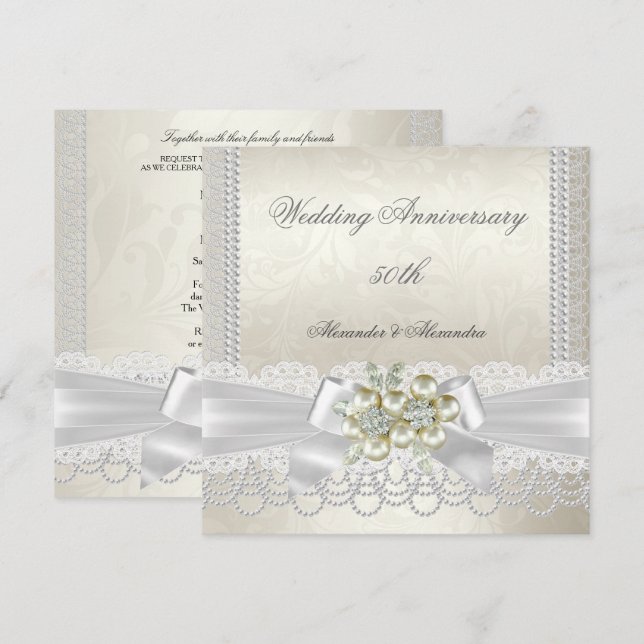 Invitation Anniversaire de mariage Crème Blanc Perle Dentelle (Devant / Derrière)