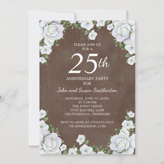 Invitation Anniversaire de mariage de 25 ans floral marron et (Devant)