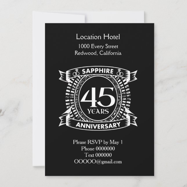 Invitation anniversaire de mariage de 45 ans saphir crest (Dos)