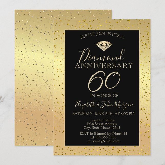 Invitation Anniversaire de mariage diamant confettis or (Devant / Derrière)