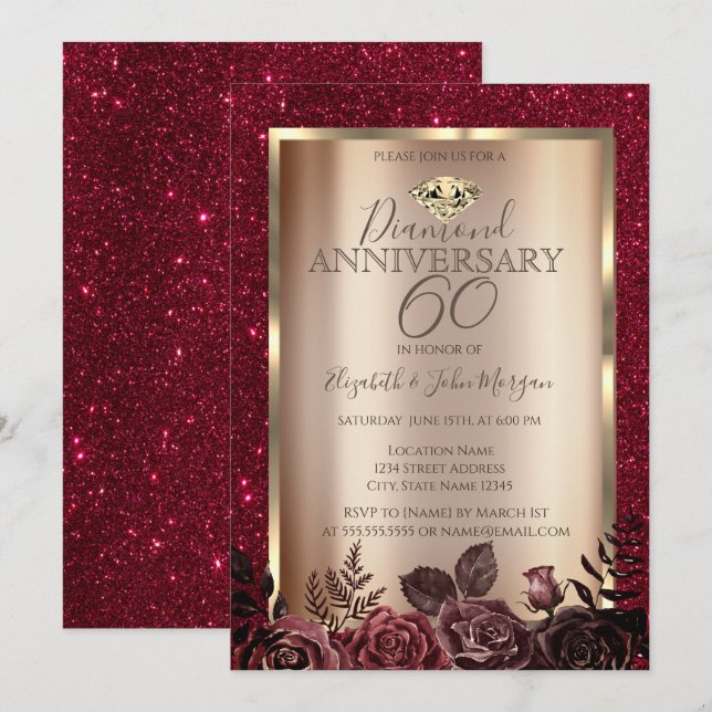 Invitation Anniversaire de mariage élégant des Roses rouges (Devant / Derrière)