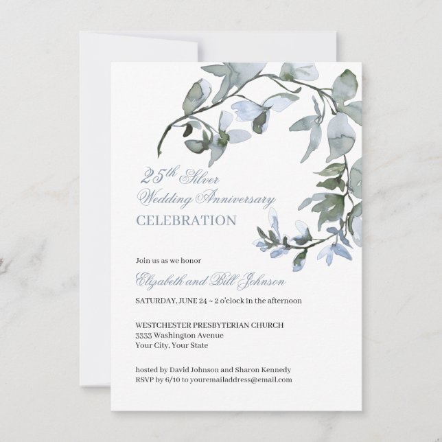 Invitation Anniversaire de mariage - Fleurs aquarelles bleues (Devant)