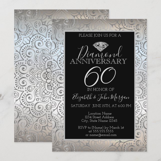 Invitation Anniversaire de Mariage Mandala Diamant Argent (Devant / Derrière)