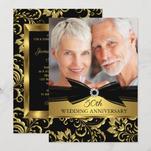 Invitation Anniversaire de Mariage Photo en Damassé Noir Or