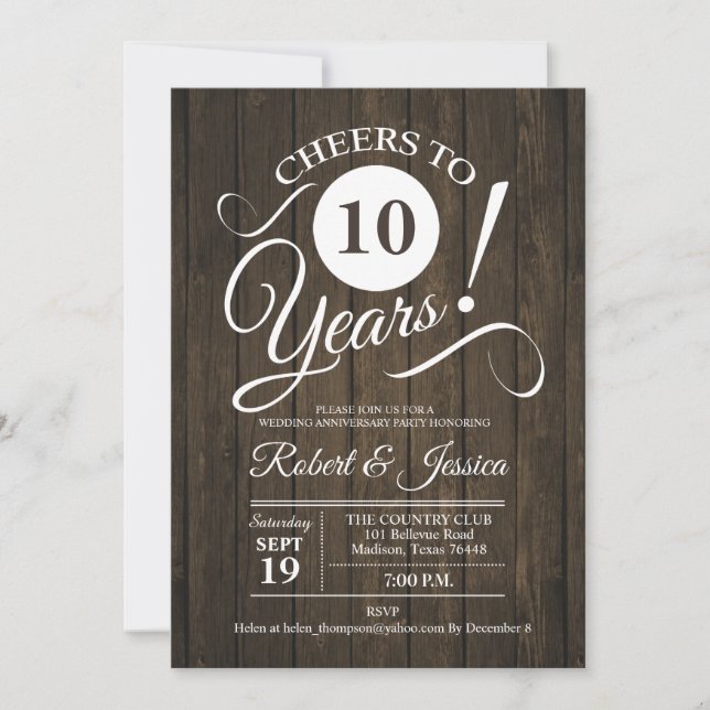 Invitation Anniversaire de mariage rustique 10 ans avec motif (Devant)