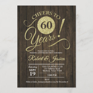 Invitation Anniversaire de mariage rustique 60 ans - Bois dor