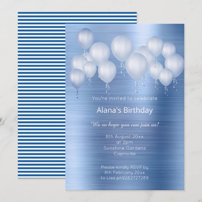 INVITATION ANNIVERSAIRE DE MÉTAL BRUSHED METAL BLEUE MARINE É (Devant / Derrière)