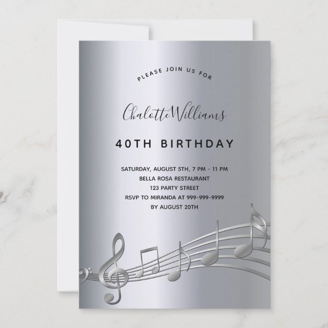 Invitation Anniversaire de notes musicales d'argent (Devant)