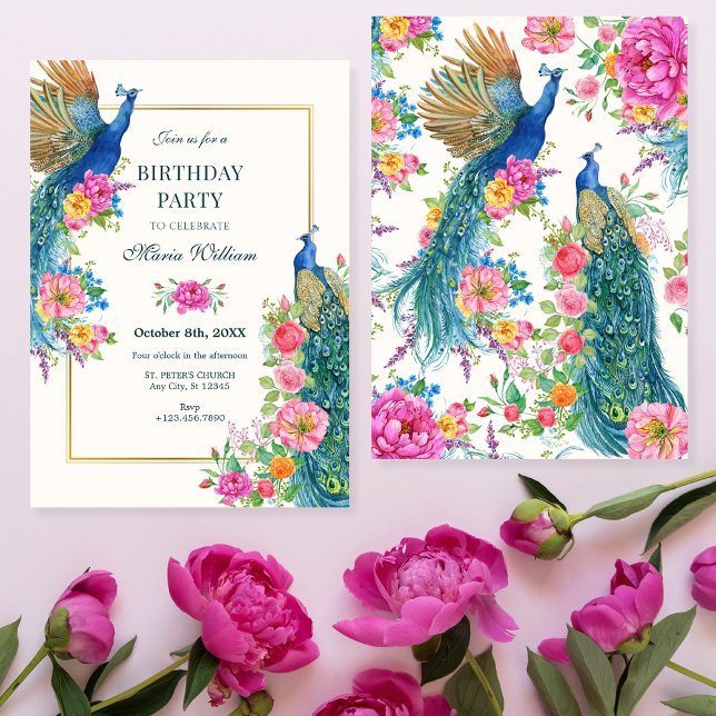 Invitation Anniversaire de paon de fleurs artistiques (Créateur téléchargé)