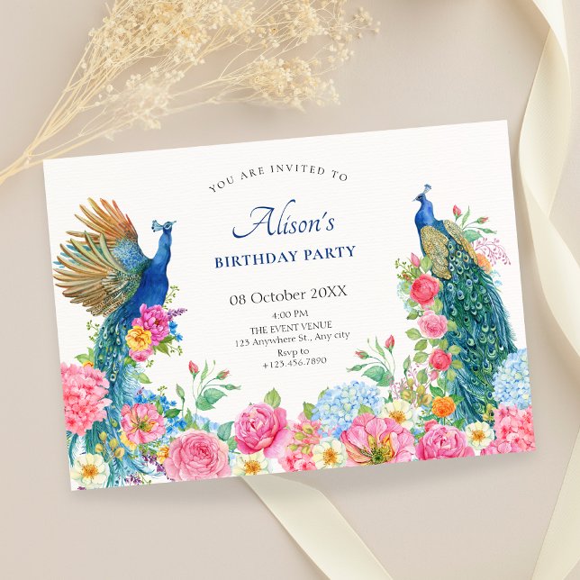 Invitation Anniversaire de paon d'oiseau floral (Créateur téléchargé)